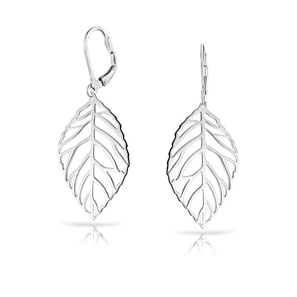 Grandi orecchini pendenti a forma di foglia aperta in stile tribale boho leggero con piuma, chiusura a leva, gioielli western per donne in argento sterling .925