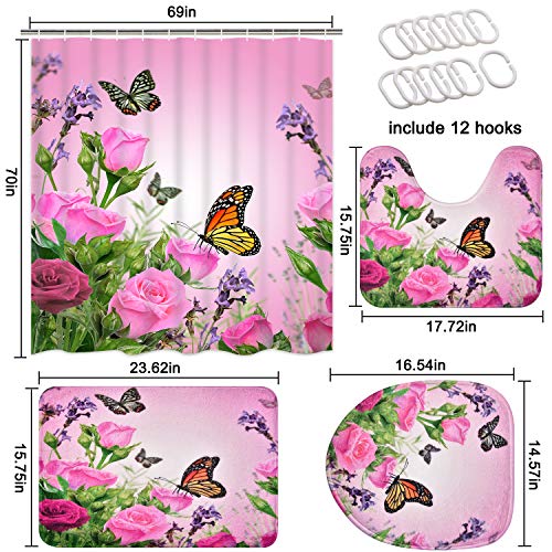 Ikfashoni 4 Pcs Pink Rose Shower Curtain Set With Non-Slip Rug, Toilet Lid Cover And Bath Mat, Floral Butterfly Shower Curtain With 12 Hooks, Waterproof Fabric Shower Curtain For Bathroom #TOP5