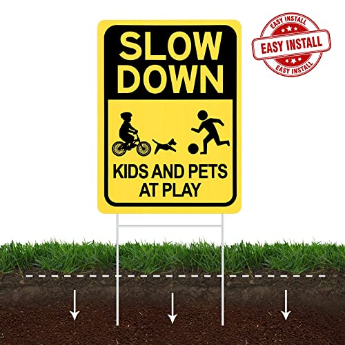Slow Down Sign With Metal Stake 2Pack, Kids And Pets At Play Sign,16" X 12" Corrugated Plastic Double Sided Yard Sign, Child Safety Caution Signs, Children Sign For Street, Lawn Neighborhoods #TOP5