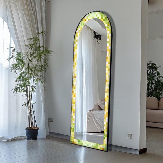 Lime Glow Harmony - Specchio da pavimento con mosaico verde fresco, lunghezza completa, 50,8 x 160 cm (larghezza x altezza), con cornice nera e cornice dorata