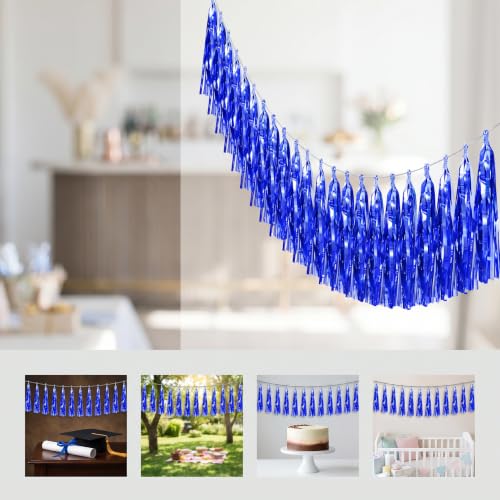 Image of 4P Blue Foil Fringe Metallic Tassel Streamers Banner Tassel Garland for Parade Floats, Bachelorette, Wedding, Birthday, Halloween, Christmas, Bridal /Baby Shower Party Decorations