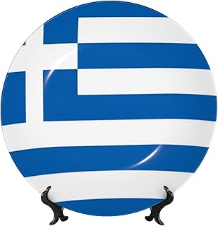 Greek flag Elegant Decorative Plates – Bone China Plates With Display Stand And Hook Up For Wall Decor Holiday Wedding Gift