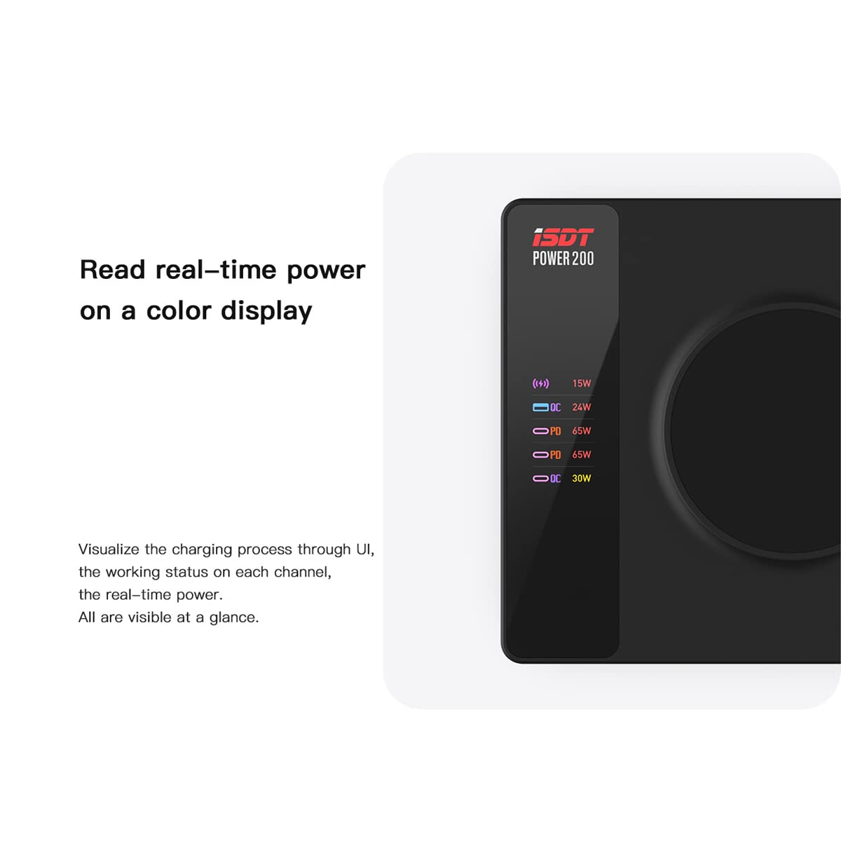 ISDT Power 200 Serie, Caricabatterie da 200W, con 4 USB + 1 Caricatore Senza Fili, USB C APP, display LCD PD 3.1, Caricabatterie Rapido compatibile con iPhone, iPad, MacBook, ecc. (Power 200X)