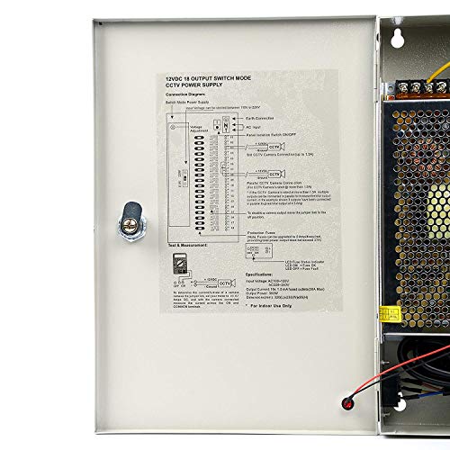 Ares Vision 18 Channel/Port 20 AMPS, 12V DC Power Supply Box, Individually Fused for CCTV, LED, and All 12v DC Devices.