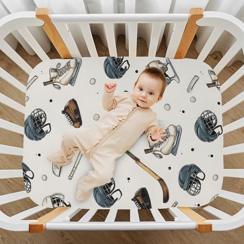 Image of Vintage Ice Hockey Balls Crib Sheets Soft Breathable Fitted Baby Crib Sheets Mattress Cover for Girls Boys, 52 inch x 28 inch x 9 inch