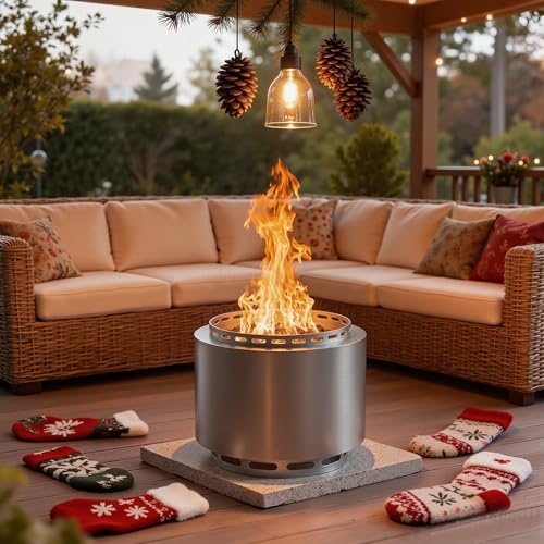 ALAULM 48 cm (19-Inch) Smokeless Fire Pit - Complete Portable Outdoor Fire Pit Set with Waterproof Cover & Poker Heavy-Duty Stainless Steel for Garden Camping Patio & Backyard