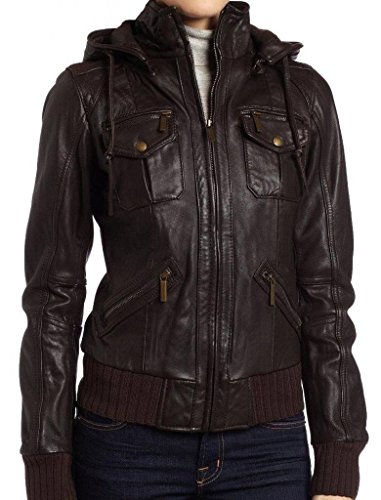 The Leather Factory Women's Lambskin Detachable Hoodie Leather Bomber Jacket XS Brown