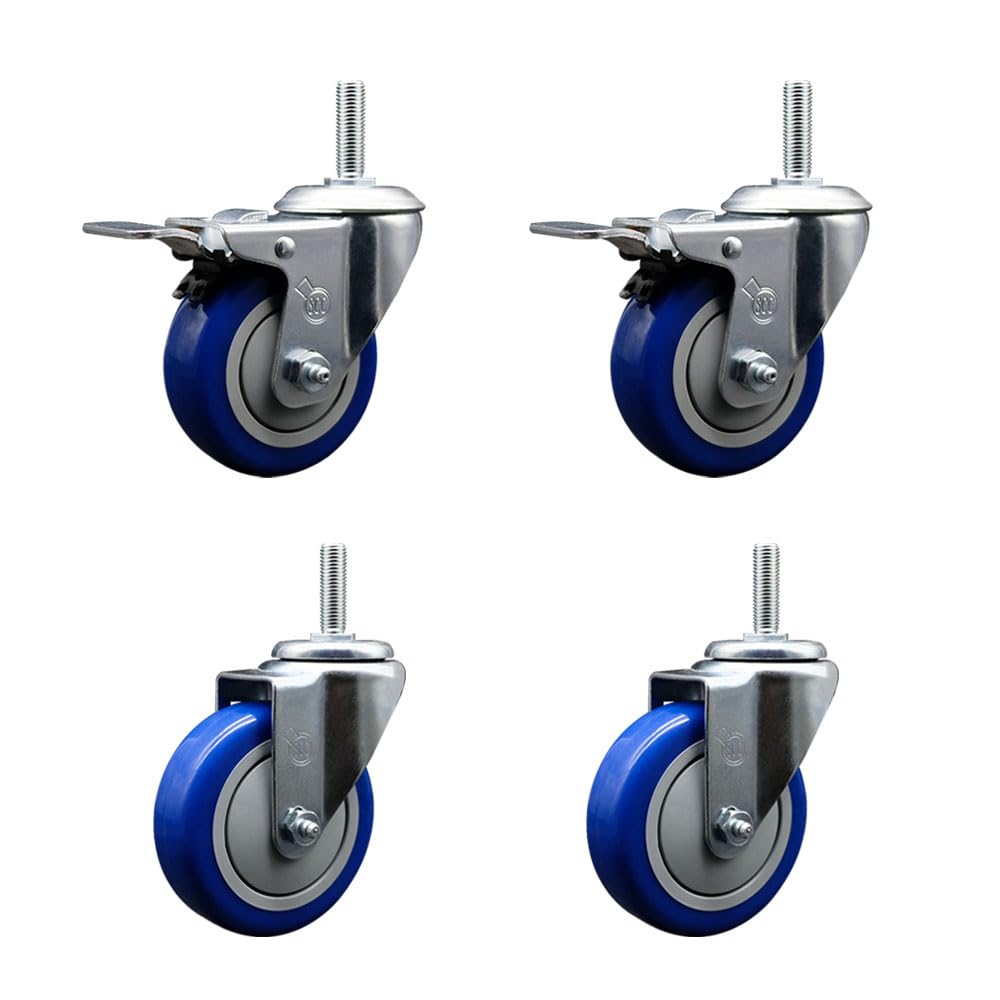 Polyurethane Swivel Threaded Stem Caster Set of 4 w/4” x 1.25” Blue Wheels and 5/8” Stems - Includes 2 with Total Locking Brake - 1400 lbs Total Capacity - Service Caster Brand