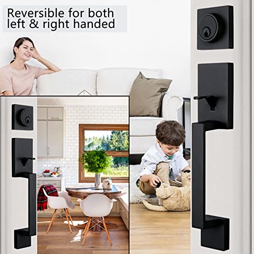Image of NEWBANG Front Double Door Traditional Style Keyed Entry Door Handleset with Lever Handle in Matte Black,(Keyed and Dummy Set),MDHST2010DB-SET-BR-TMC
