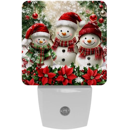 Image of NEWzone Christmas Snowman Tree Night Light Set of 2, Auto Sensor LED Dusk-to-Dawn Nightlights, Plug-in Sensor Lamp for Bedroom Bathroom Kitchen Hallway Stairs Decorative