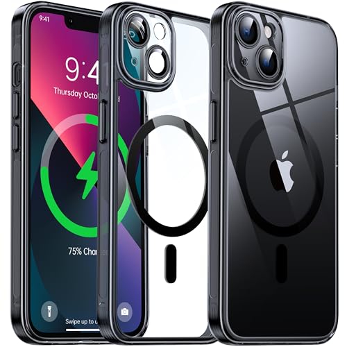 Flyzoo Magnetisch Hybrid Clear Hülle für iPhone 13 - [Kompatibel mit MagSafe][Eingebaute Kameraschutz Folie] Hart Durchsichtig Handyhülle Stoßfeste Transparente mit Silikon Schutzhülle,6,1
