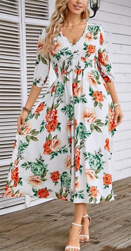 Image of Kormei Women Casual Boho V Neck 3 /4 Sleeve Smocked Waist A Line Flowy Swing Midi Dress Smocked Long Dress
