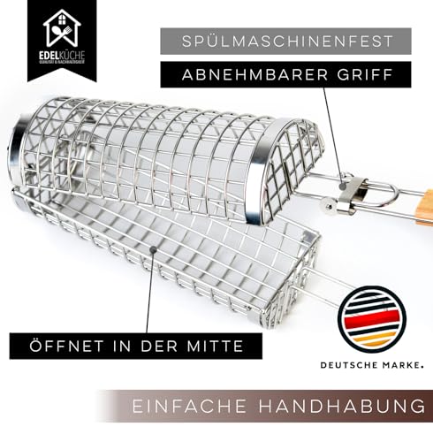 EdelKüche Premium Grillkorb aus Edelstahl für Gemüse und Fleisch | XXL, Rund, Zylindrisch, Groß | Drehspieß | Abnehmbarer Griff | Grillzubehör, Außengrill, Grillnetzrohr, Grillnetz | super Geschenk