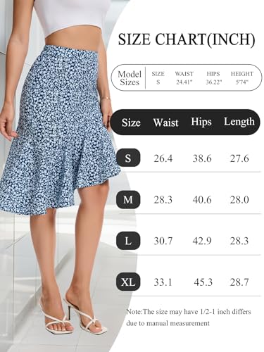 Timormode Floral Midi Skirt for Women Boho Flowy Ruffle Elastic High Waist Summer Skirts Casual High Low Asymmetric Swing Hem Skirt TMS8008 Bluewhiteflower S - Image 6
