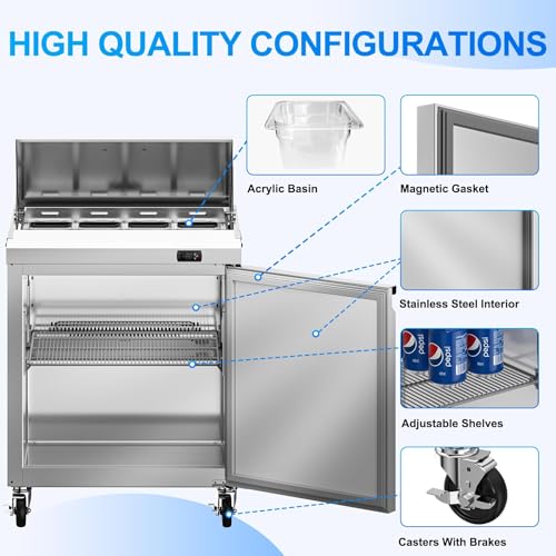 Image of Rockitch 29 inch W Commercial Sandwich Prep Table Refrigerator, 7.6 Cu.ft Stainless Steel Sandwich Prep Table with 8 Pans, Single Door Fan Cooling Salad Prep Station for Restaurant Food Prep, ETL Approved