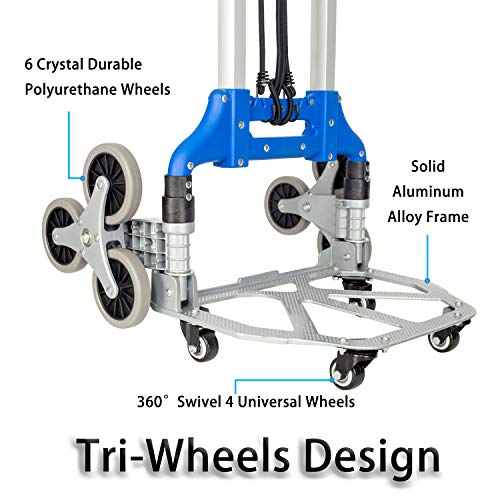 Fullwatt Stair Climber Cart, 15 Inch Height Adjustable Aluminum Portable Folding Stair Climbing Cart Tri-Wheels with Bungee Cord Heavy Duty All Terrain Stair Climbing Hand Truck (Blue)