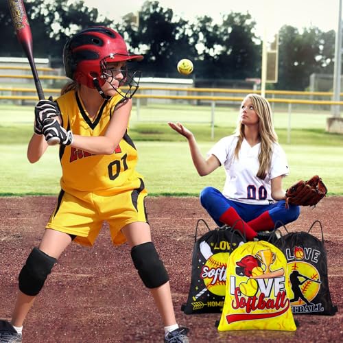 Image of Honoson 16 Pcs Softball Drawstring Backpack Softball Goodie Bags Baseball Gift Bags Drawstring Backpack Baseball Party Favors Snack for Sports Team Birthday Party Supplies