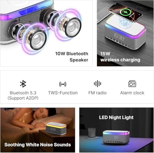 Image of Bluetooth Speaker Alarm Clock with 15W Wireless Charging, RGB Night Light, White Noise Sound Machine, FM Radio, 10W Speaker, Bedside Smart Clock