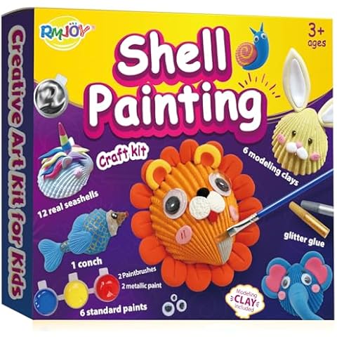 RMJOY Arts & Crafts Kit for Kids: Sea Shell Painting Kit Creativity Craft Kits with 12 Shells 6 Paint 6 Clay Suitable for Painting & DIY Molding Magic Clay Gifts Toys for Ages 3-12 Year Old Boys Girls Cover