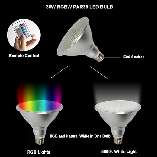 Miniatura 2 de PAR38 Bombilla LED, 30 W RGB + luz blanca natural LED para exteriores e interiores, luces regulables que cambian de color con control remoto,