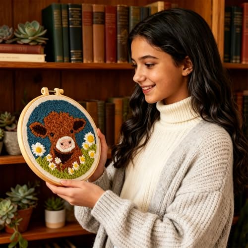 Image of PATPAT20cm DIY Tufting Craft Kit with Bamboo Embroidery Hoop, Pre-Printed Highland Cow Pattern, Yarn Set & Tufting Tools, Beginner Punch Needle Wall Art Kit for Plush 3D Home Decor, Gifts