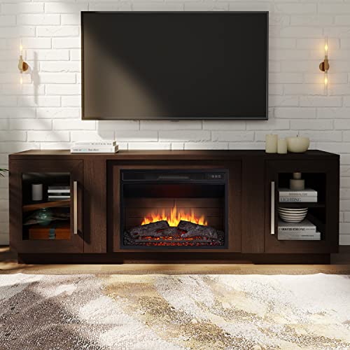 Cheerway 3D Fireplace Tv Stand For Tvs Up To 80’’, Wooden Media Entertainment Center Table & Tv Cabinets W/ 6 Storage Shelves & Barn Door, Electric Fireplace W/Remote Control & Adjustable Flame #TOP10