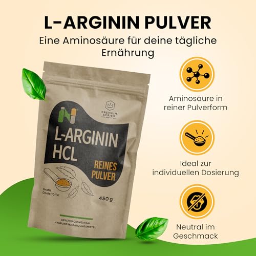 NUPA L‑Arginin HCL Pulver 450 g – 4,2 g L‑Arginin pro 5 g Portion – 90 Portionen – 100 % rein, ohne Zusätze, vegan & non‑GMO – Rohstoffe laborgeprüft – EU‑Herstellung, Beutel mit Zipper + Messlöffel