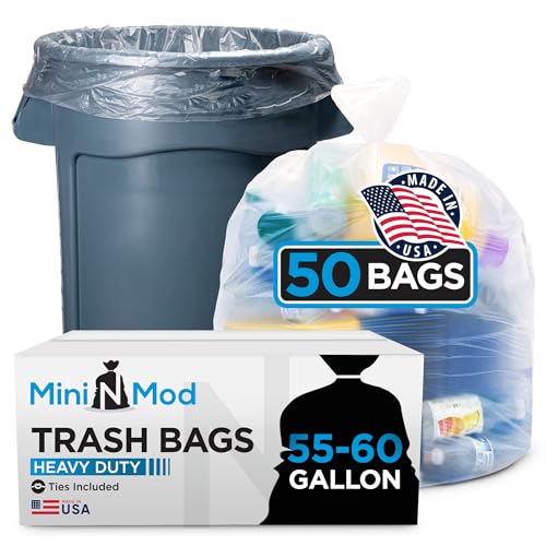 Image of 55-60 Gallon Clear Trash Bags | 50 Count | Large Clear Plastic Bags for Recycling, Garbage, and Commercial Use - Fits 55 Gallon and 60 Gallon Trash Cans