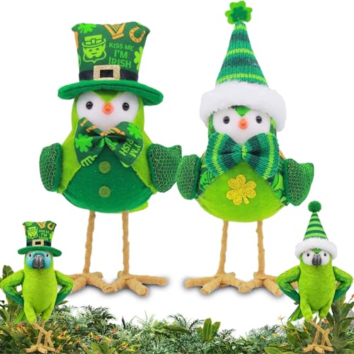 2 Pcs St Patricks Day Bird Decor, 2pcs St. Patrick’s Day Featherly Friends Birds, Handmade Irish Bird Plush with Lucky Clover Hat for Home Table Centerpiece (Green-All)