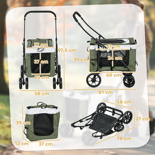 PawHut 2 in 1 Hundewagen Hundebuggy klappbar für Hunde & Katzen bis 10 kg Katzenbuggy mit Kissen Netzfenstern Türen Aufbewahrungskorb Katzenwagen Buggy Dunkelgrün