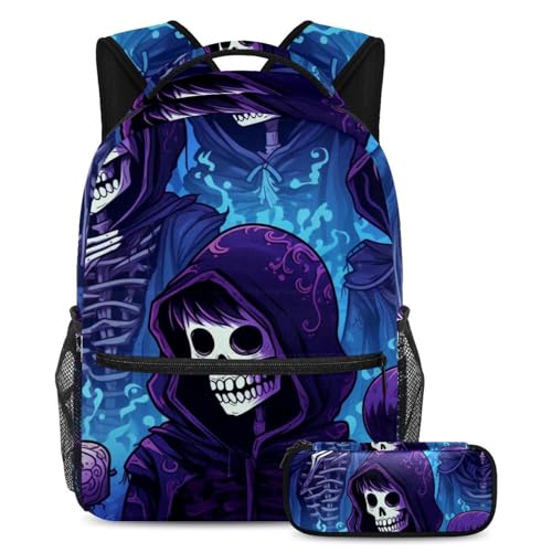 Sac à dos scolaire squelette punk violet pour le collège et le lycée en taille Large