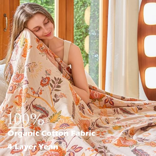 Image of VANJOROY Boho Throw Blanket 80 inch x 90 inch, 100% Organic Cotton Breathable Skin-Friendly Ultra Soft Bed Quilt Throw - Floral Rustic Decor Luxury Reversible Blanket for Sofa Couch Chair and Gift,
