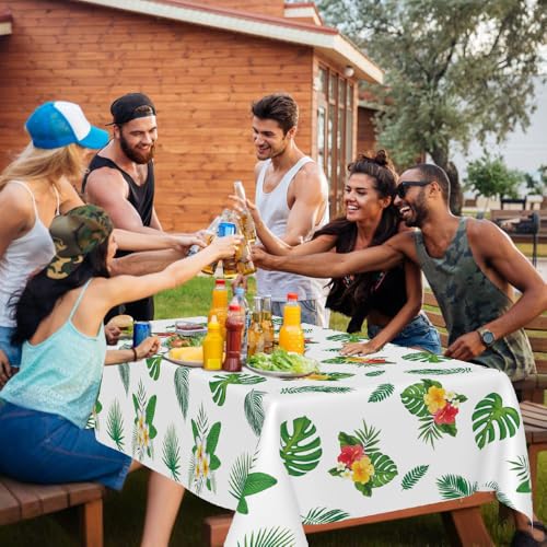 Image of Hawaiian Luau Tablecloths, Tropical Jungle Palm Tablecloth, 2 PCS 54 x 108 Inch Hawaii Leaf Disposable Plastic Rectangular Tablecover for Hawaiian Luau Birthday Summer Beach Party Decorations Supplies