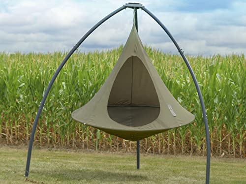 Image of Double Cacoon Hanging Chair for Two - Cozy Indoor /Outdoor Hammock with Polyester Canvas, 440 lb Capacity, Includes 18ft Rope & Carabiner (Khaki)