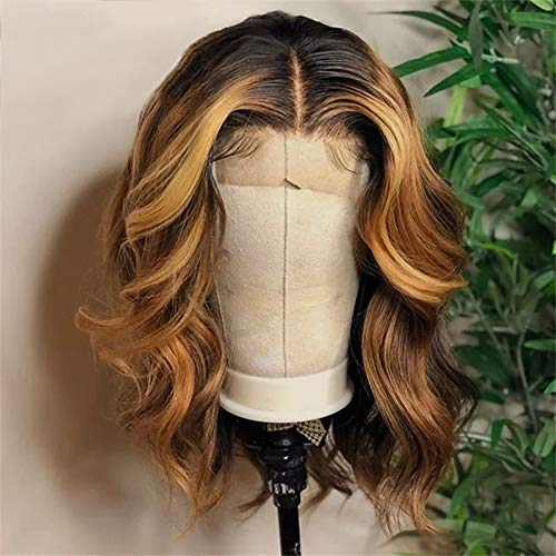 XSZM Highlight Lace Front Wigs Human Hair Pre Plucked Ombre Honey Blonde Body Wave Wig With Baby Hair Brazilian Ombre Brown Remy Bleached Knots Hair Deep T-Middle Part Wig for Women,18 Inch