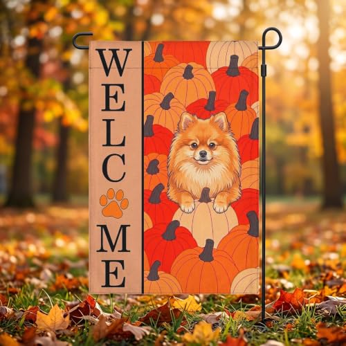 Image of Pomeranian Flag for Yard Outdoor, Pumpkins Fall Decor