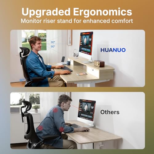 Image of HUANUO 40 inch X 24 inch Electric Standing Desk with 2 Drawers, C-Clamp Mount Compatible, Height Adjustable Computer Desk, Home Office Stand Up Desk with 4 Preset Heights & 2 Hooks, Light Walnut