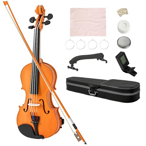 HOMCOM Violín 4/4, juego de violín de madera maciza para adultos y principiantes, con estuche ligero y portátil, arco, colofonia, puente y bandolera, marrón