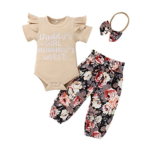 Image of Newborn Infant Baby Girl Summer Clothes Cute Short Sleeve Romper Flower Pant Outfit Set Light Yellow Daddys Girl Mommys World Dark Blue Flower 0-3 Months 70cm