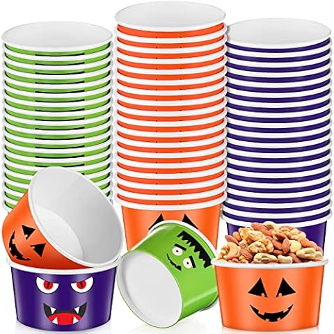 8 oz Halloween Snack Cups Disposable Pumpkin Bowls Paper Cups Ice Cream Bowls for Halloween Trick or Treat and Hot Cold Drink Party Supply Dessert Sundae Yogurt Cup(Classic Pattern,60 Pcs) Cover