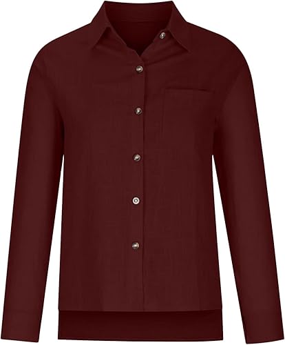 Miniatura 3 de Camisa de algodón y lino con botones para mujer 2023, casual, de manga larga, color sólido, camisetas de trabajo sueltas con bolsillos