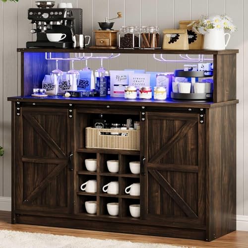 4ever2buy Farmhouse Coffee Bar Cabinet with LED Light & Mirror,
