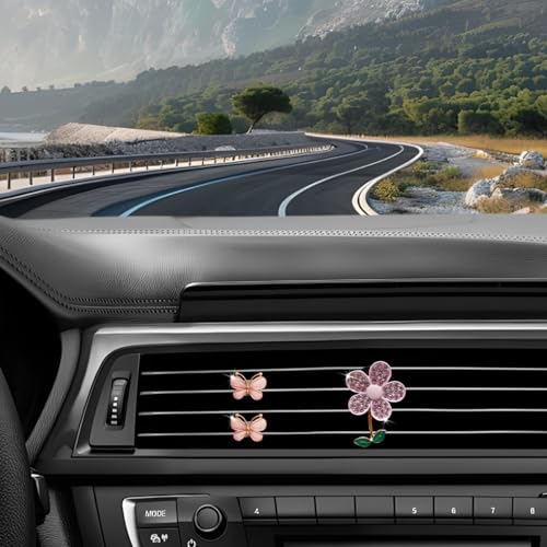 Image of 3PCS Bling Car Air Vent Clips, Butterfly Flower Rhinestone Vehicle Conditioning Outlet Clamps, Diamond Vent Clip Charm Decoration for Women Girls, Universal Automotive Accessories (Pink)