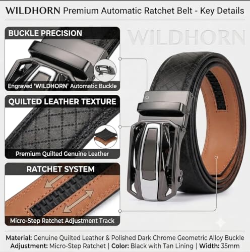 Image of WildHorn Men's Genuine Leather Belt for Men| Premium Auto-Lock Buckle | Adjustable up to 48 inch | Formal & Casual Wear | Micro-Adjust Fit | Stylish Gift Box Included