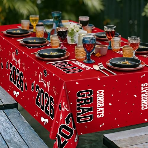 Image of QZYL 4 Pack Graduation Table Cloth, 54 inch x 108 inch Red 2026 Graduation Table Decorations, Disposable Grad Party Decorations for College, Rectangle Plastic Tablecover for Class of 2026 Congrats Grad