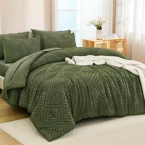 Image of Andency Super King Plus Comforter Set Olive Green - 7 Piece Bed in a Bag Oversized King, Olive Green Boho Tufted Bedding Sets, Lightweight Fluffy Bed Set with Comforter, Sheets, Pillowcases & Shams