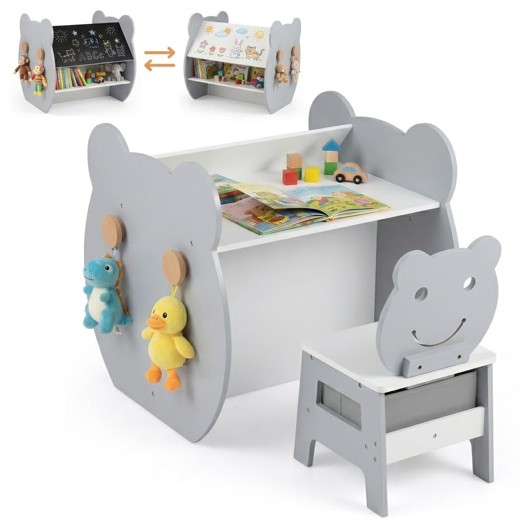 GOPLUS 3 en 1 Mesa y Silla Infantil, Pupitre de Actividades para Niños de 3-10 Años con Pizarra Negra y Blanca Reversible, Estante, Ganchos y Cajón, Mesa de Arte para Estudiar y Dibujar (Gris)