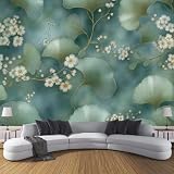 Carta da Parati Panoramica Zen cinese 250x175cm | Foglie di Ginkgo e fiori bianchi Foto Wallpaper Poster Gigante Design Grigio-verde Murale Decor della Parete Soggiorno Camera da Letto Carta da Parati