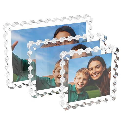 LUGUNU 3 Pack Magnetic Scalloped Acrylic Picture Frames 5x7 4x6 4x4 Inch Double Sided Photo Frame Set 20mm Thick Clear Block Freestanding Display for Desk Shelf Home Office UV Protection Gift