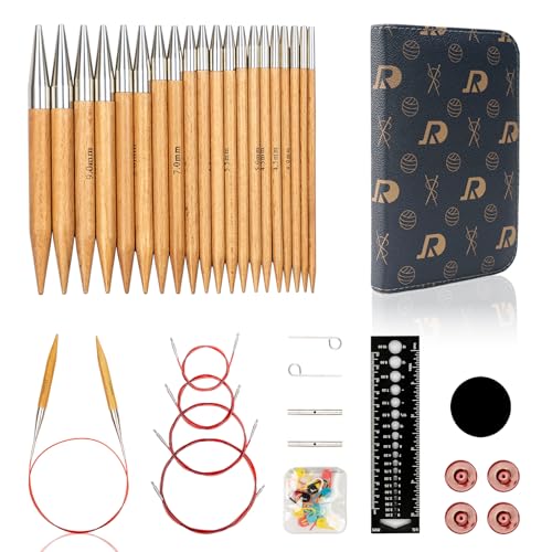 RUIDI Circular Knitting Needles Set, 10 Sizes Wooden Interchangeable Circular Knitting Needles Set with Case & Accessories, 12cm | (3.5mm to 10mm) (Beech Wood)